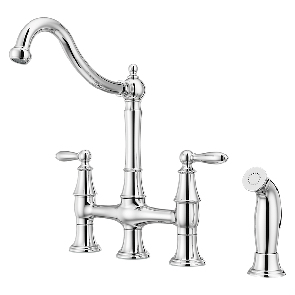 Courant Two Handle Bridge Kitchen Faucet with Side Spray in Stainless Steel Courant Two Handle Bridge Kitchen Faucet with Side Spray in Stainless Steel